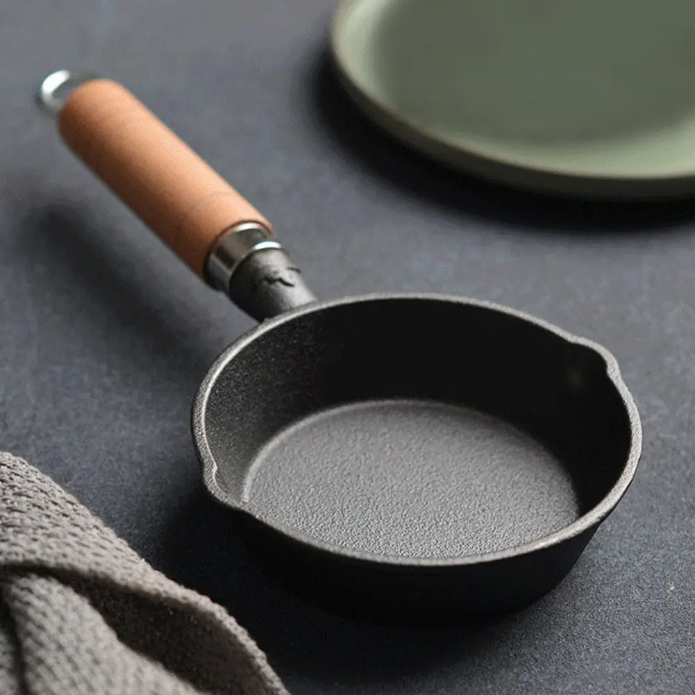 10/13/16 Cm Cast Iron Mini Skillet with Wooden Handle Cook Pan with Double Drip-Spouts Pancake Pan Non-Stick for Kitchen Home
