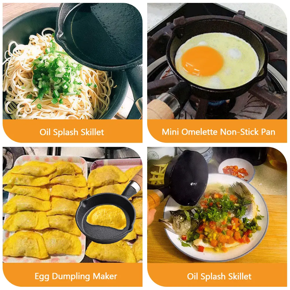 10/13/16 Cm Cast Iron Mini Skillet with Wooden Handle Cook Pan with Double Drip-Spouts Pancake Pan Non-Stick for Kitchen Home