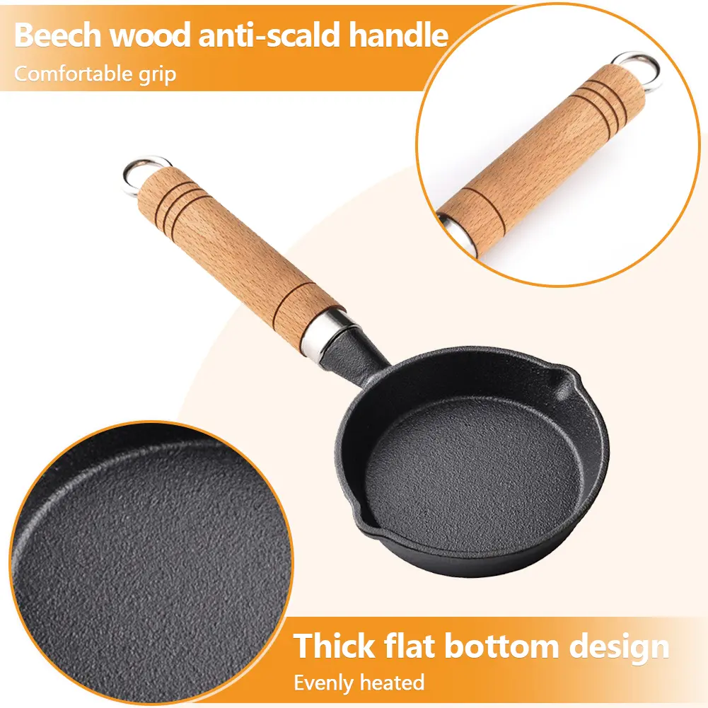 10/13/16 Cm Cast Iron Mini Skillet with Wooden Handle Cook Pan with Double Drip-Spouts Pancake Pan Non-Stick for Kitchen Home