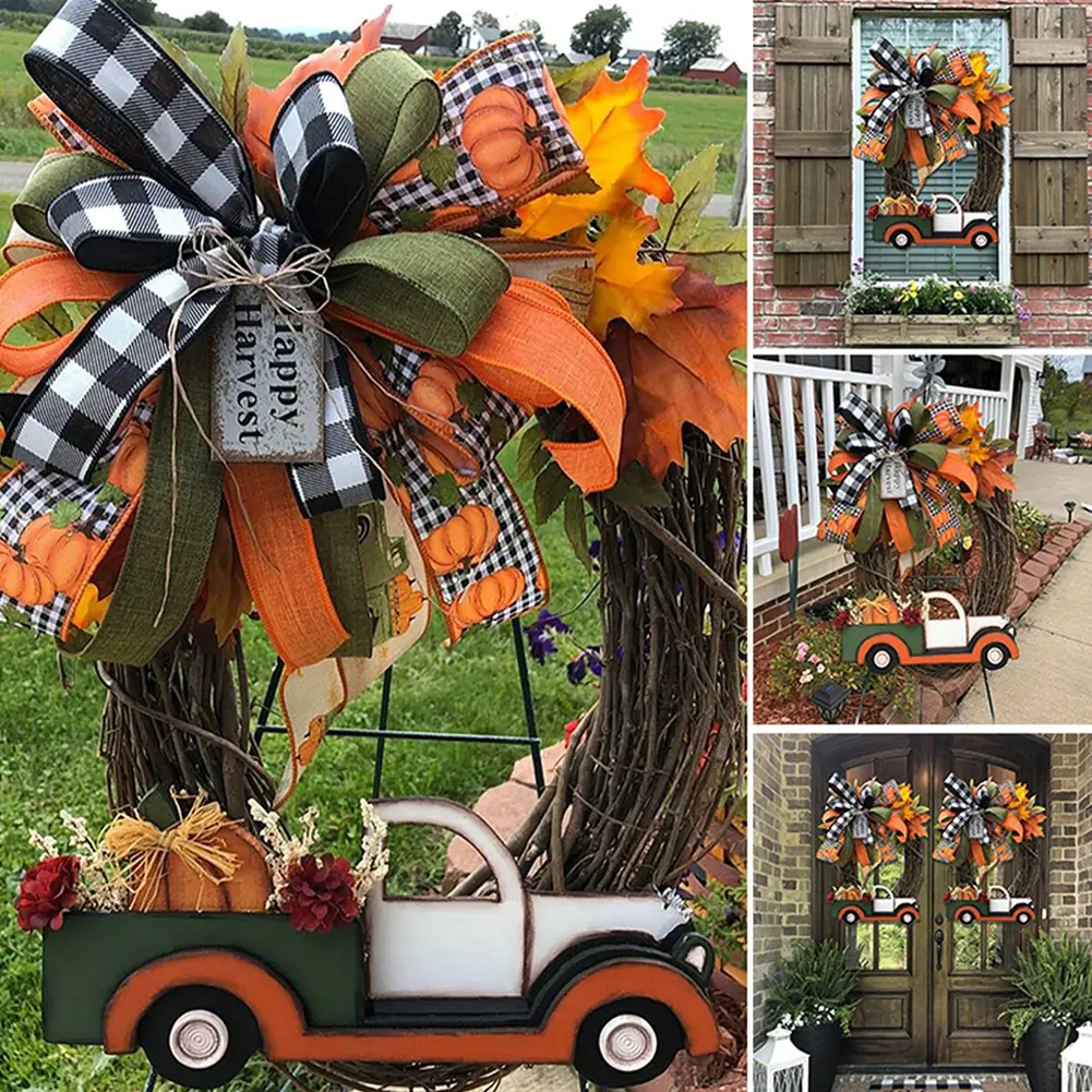 Farmhouse Pumpkin Cart Wreath Door Wreath Halloween Pumpkin Truck Wreath for Halloween Thanksgiving Decoration