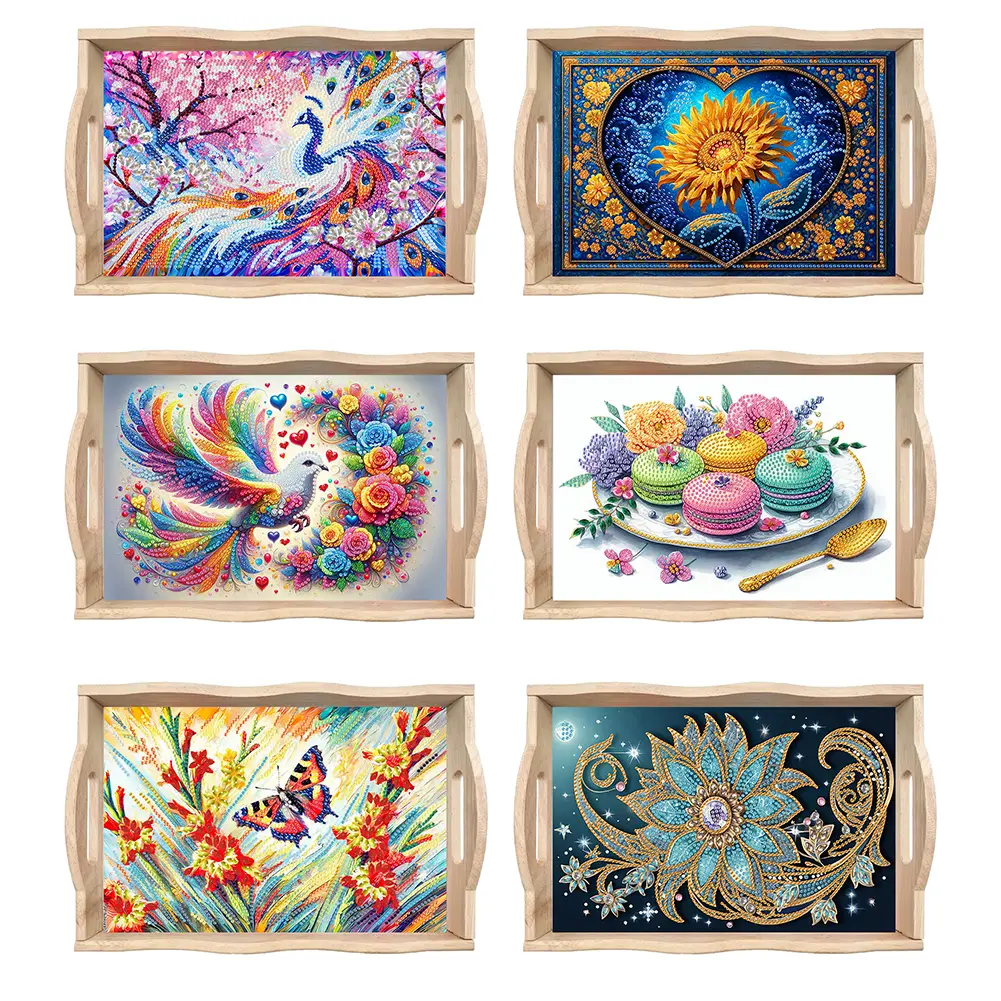 DIY Diamond Painting Tray Wooden Handicraft with Handle Wooden Dining Plate DIY Diamond Painting Food Tray Kits DIY Decor Gifts
