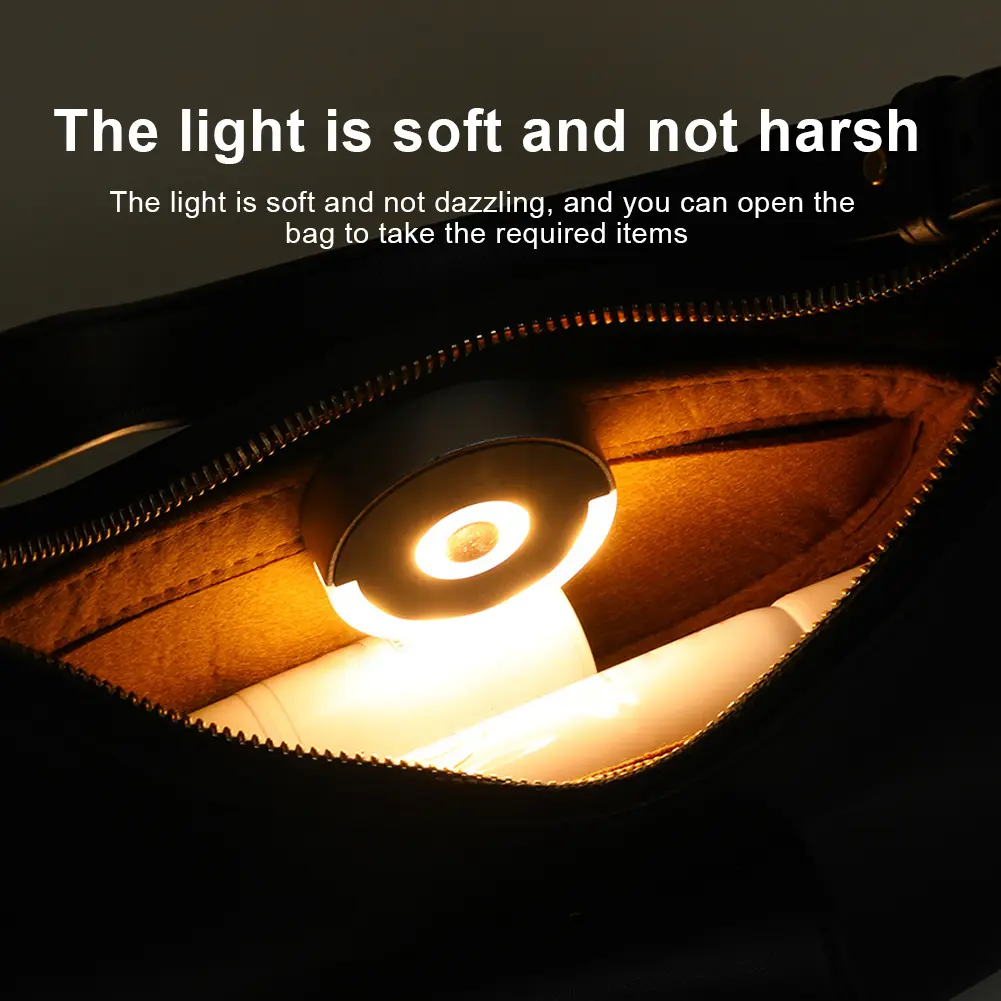 Round Bag Light with Automatic Sensor Lightweight Touch Control Bag Lamp with Back Clip Compact Purse Light Purse Accessories
