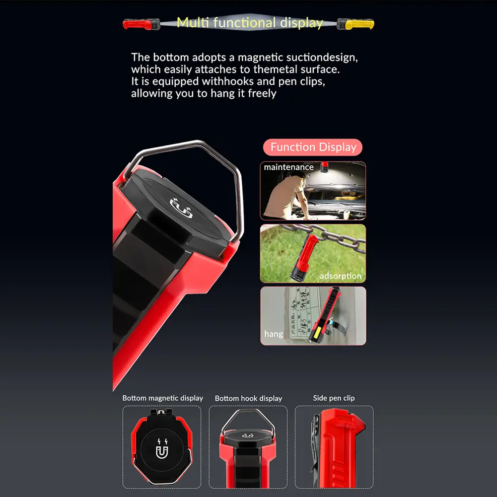 XTE COB LED Car Repair Working Light USB Rechargeable Inspection Flashlight Power Display 1500mAh for Outdoor Camping Hiking