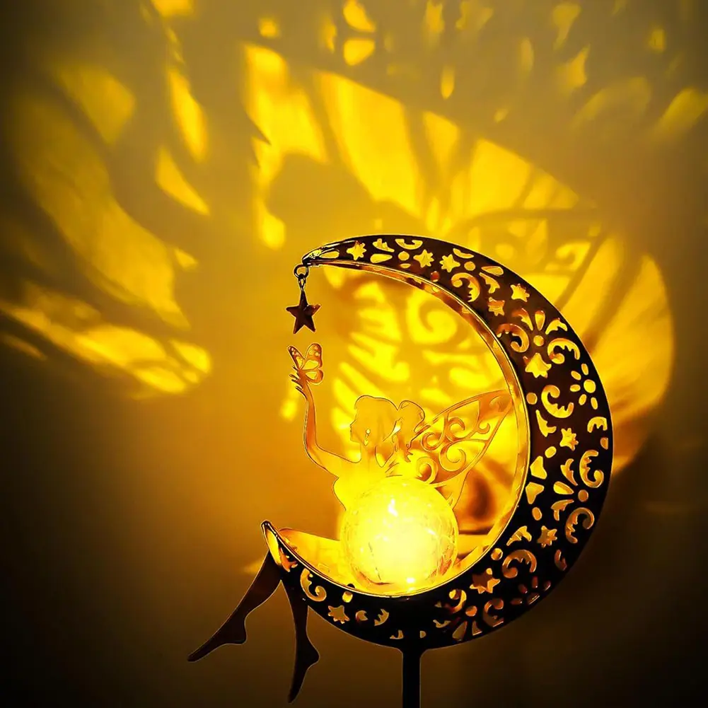 Solar Garden Statues Outdoor Decor IP65 Waterproof Pathway Stake Light LED Moon Fairy Crackle Glass Light Unique Gift for Garden