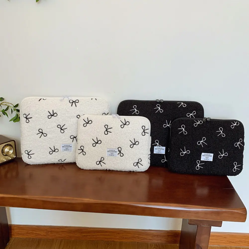 Bowknot Cute Laptop Sleeve Embroidery Fluffy Padded Bag Shockproof Plush Laptop Bag Commute Work Study Bag