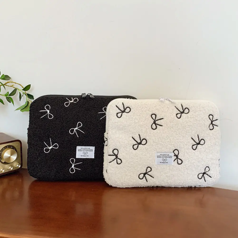 Bowknot Cute Laptop Sleeve Embroidery Fluffy Padded Bag Shockproof Plush Laptop Bag Commute Work Study Bag