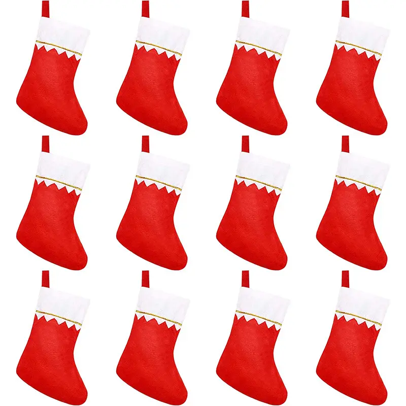 12Pcs Christmas Stockings with White Cuffs Hanging Xmas Candy Bag Non-Woven Hanging Socks Gift Bag for Holiday Party