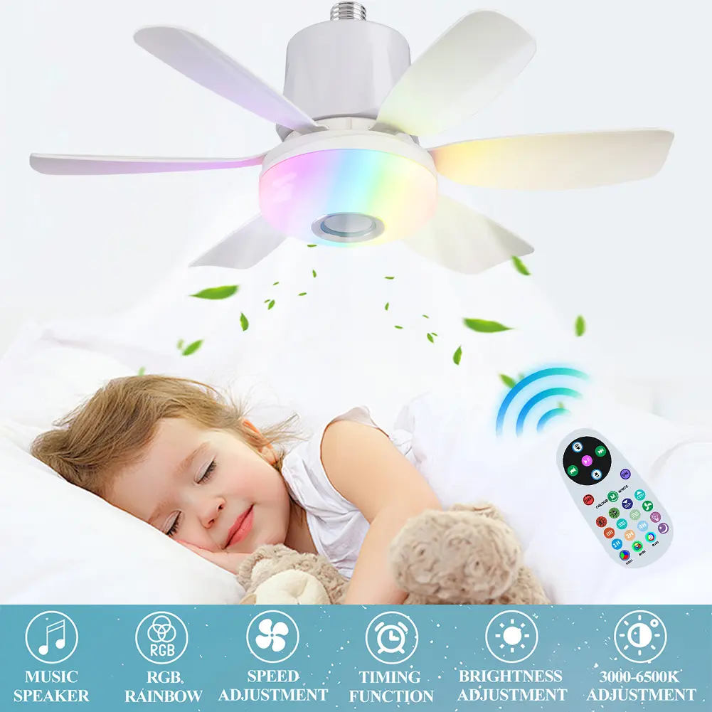 Socket Fan Light with Remote Socket Ceiling Fan Adjustable Wind Speed LED Light Fan Timing Wireless Fan for Living Room Bedroom