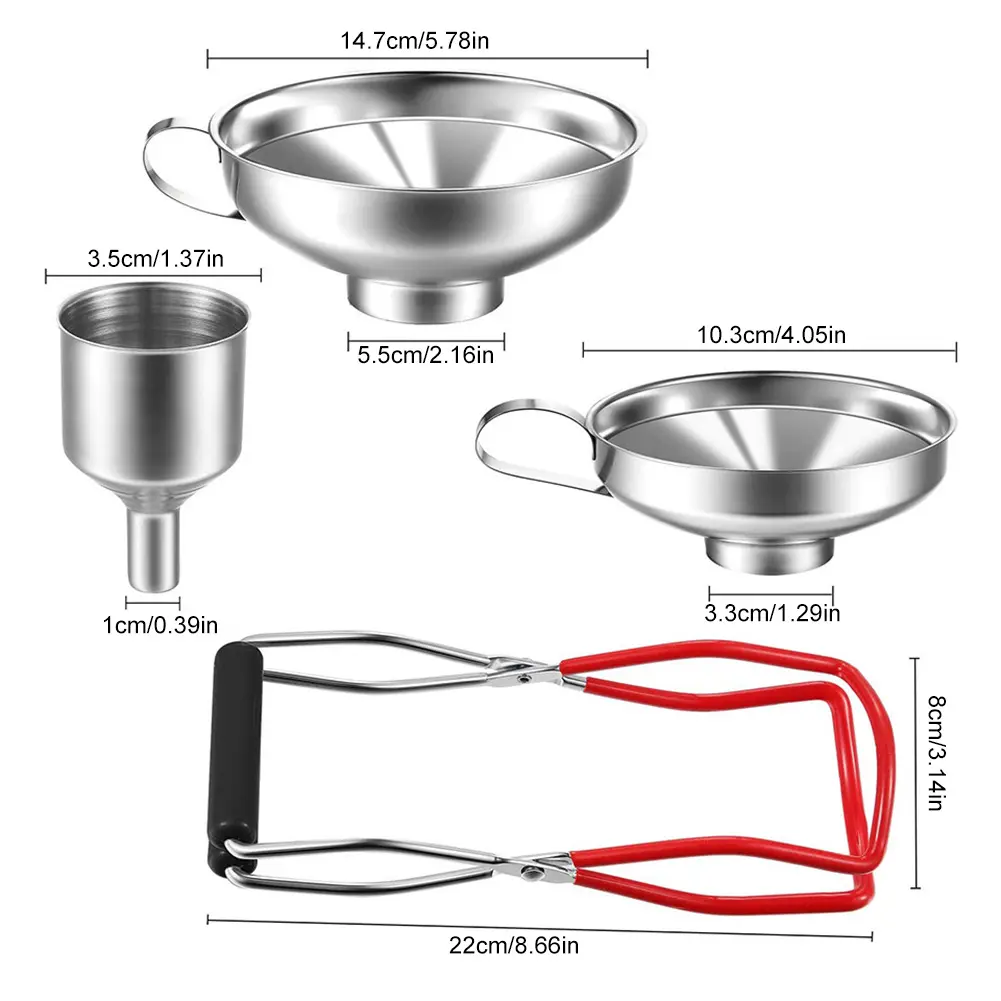 4Pcs Canning Funnel with Grip Handle Stainless Steel Canning Jar Lifter Multi-purpose Can Tongs for Transferring Spices Liquids