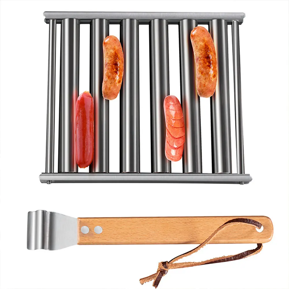 Stainless Steel Hotdog Roller Grill with Extra Long Wood Handle Sausage Roller Rack Sausage Corn Roller for Barbecue Party Tools