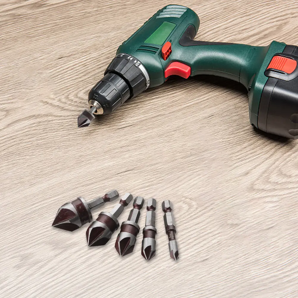 5PCS Countersink Drill Bit Set 82 Degree 5 Flute 1/4 Inch Hex Shank Countersunk Bits 1/4 3/8 1/2 5/8 3/4inch Deburring Bit