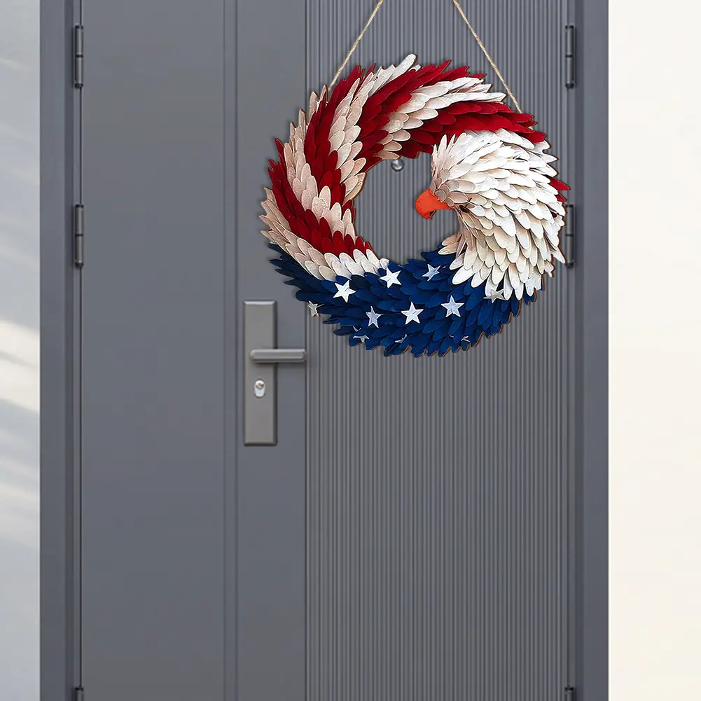 American Flag Eagle Wreath Wooden 4th of July Hanging Door Sign Decorative Patriotic Door Hanger for Patriotic USA Festival