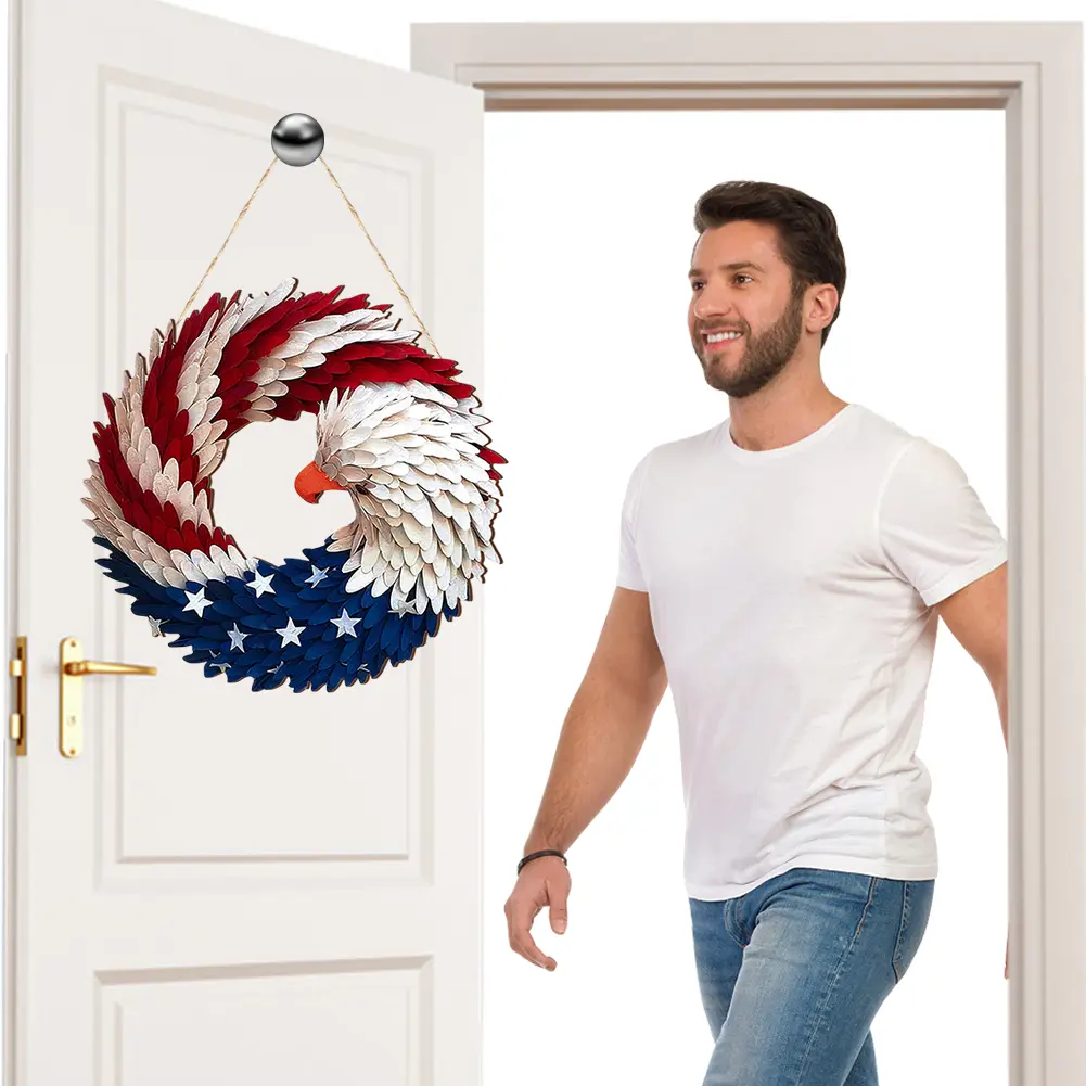American Flag Eagle Wreath Wooden 4th of July Hanging Door Sign Decorative Patriotic Door Hanger for Patriotic USA Festival