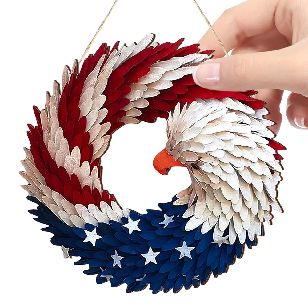 American Flag Eagle Wreath Wooden 4th of July Hanging Door Sign Decorative Patriotic Door Hanger for Patriotic USA Festival