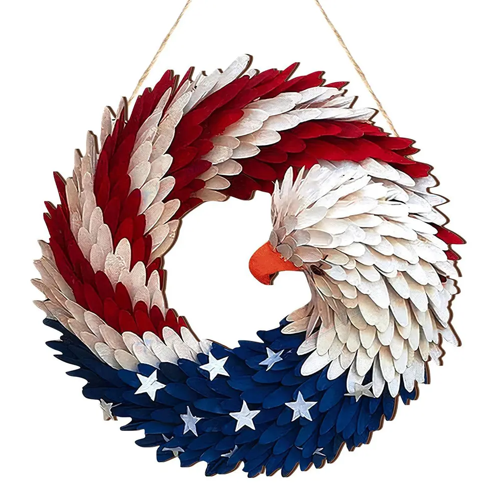 American Flag Eagle Wreath Wooden 4th of July Hanging Door Sign Decorative Patriotic Door Hanger for Patriotic USA Festival