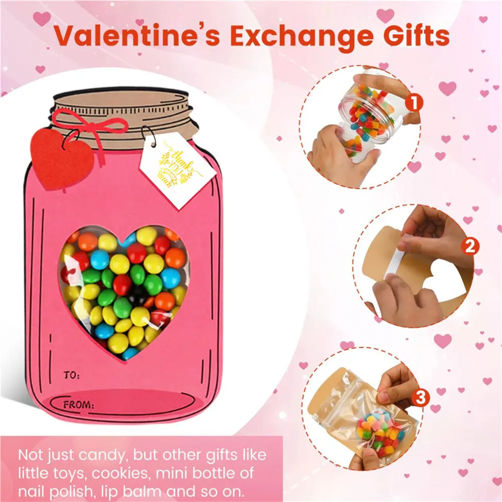 50 Pack Mason Jar Valentines Day Cards Multi-Function Valentines DIY Craft Art Cards Mason Jar Greeting Card for School Class