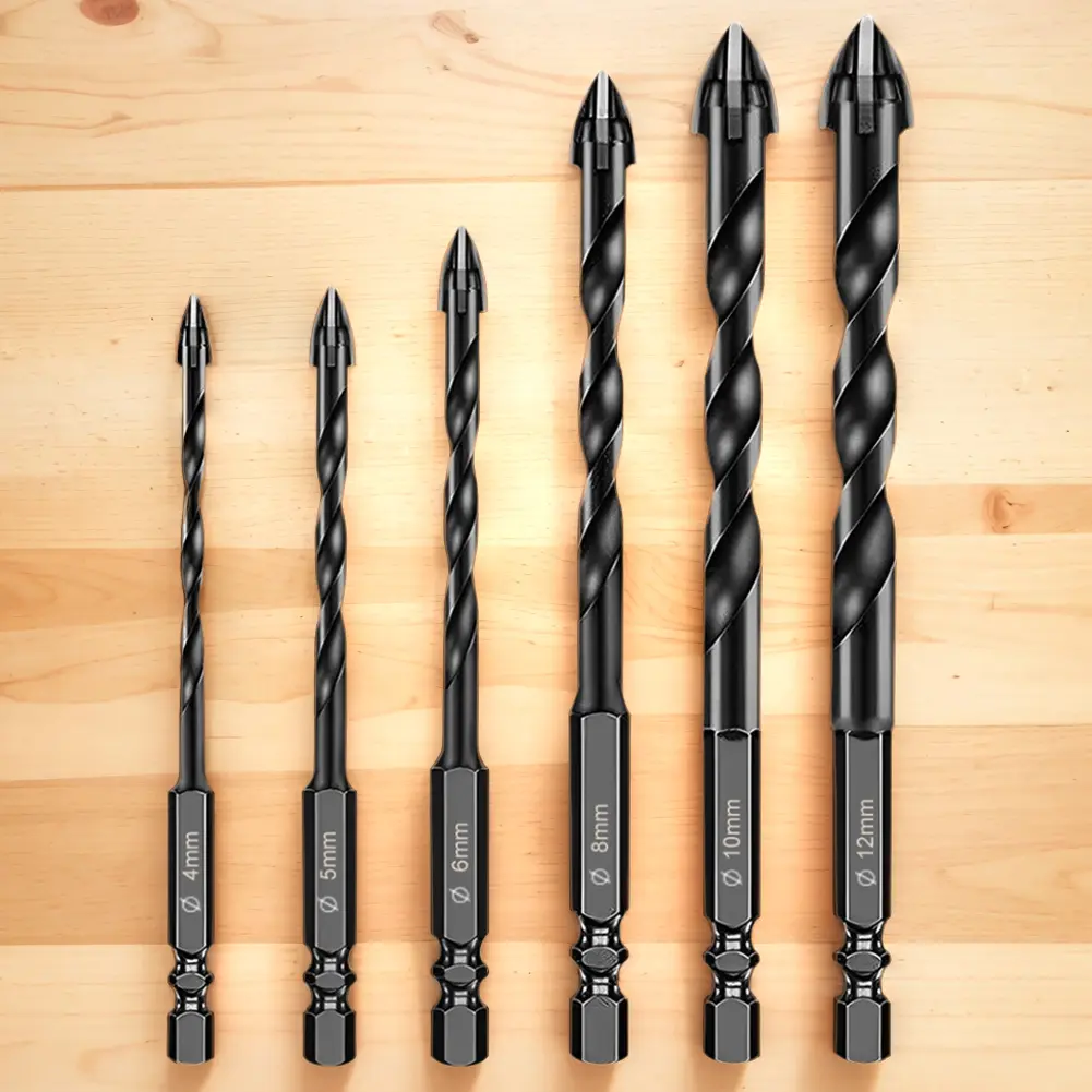 6Pcs Ceramic Tile Drill Bits 4mm-12mm Cross Tile Drill Bit Set Alloy Triangle Bit Tool for Cement Brick Tile Wood Plastic Glass