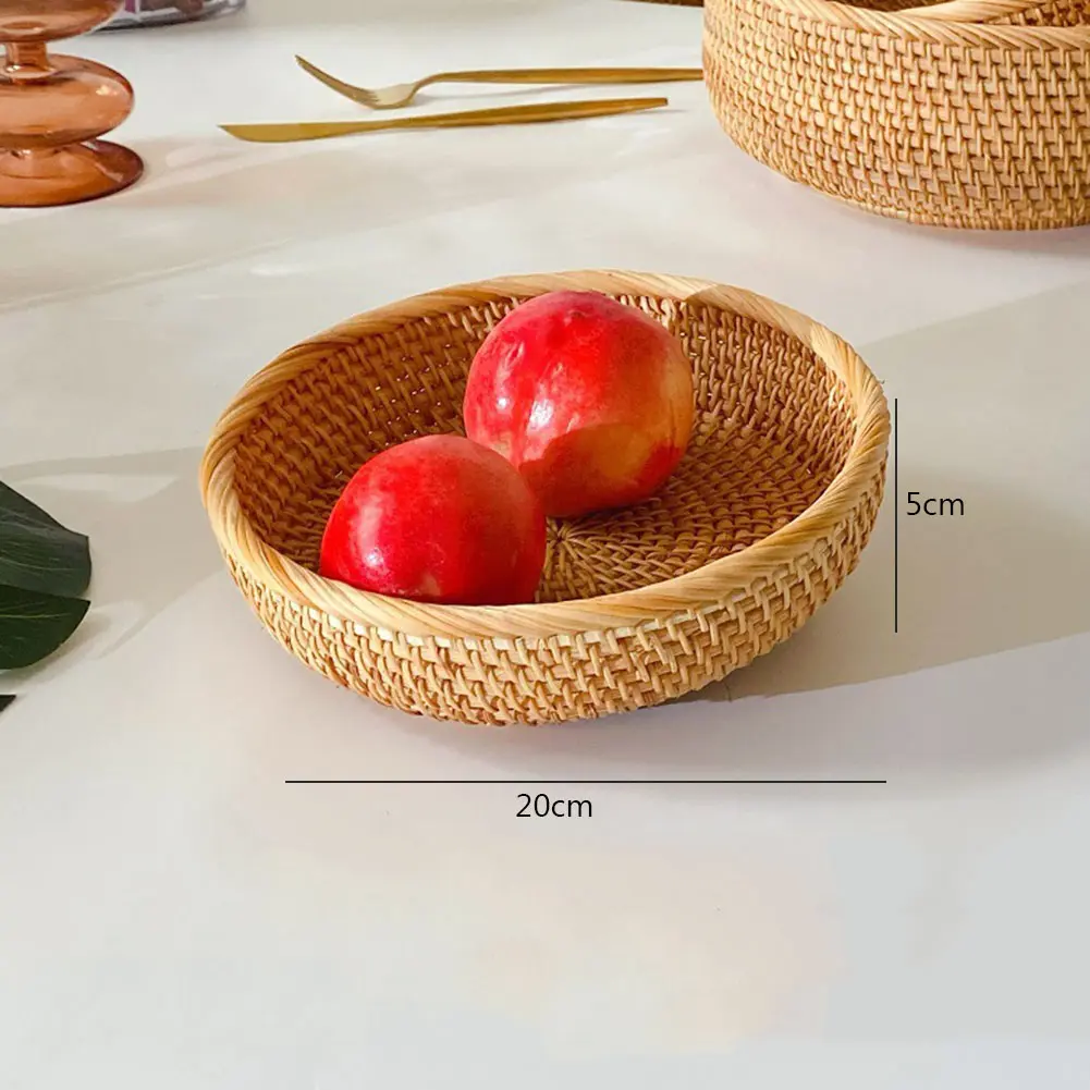 Round Woven Fruit Basket Natural Simplicity Handmade Rattan Storage Basket Wear-resistant Eco-friendly for Cake Snack Drink