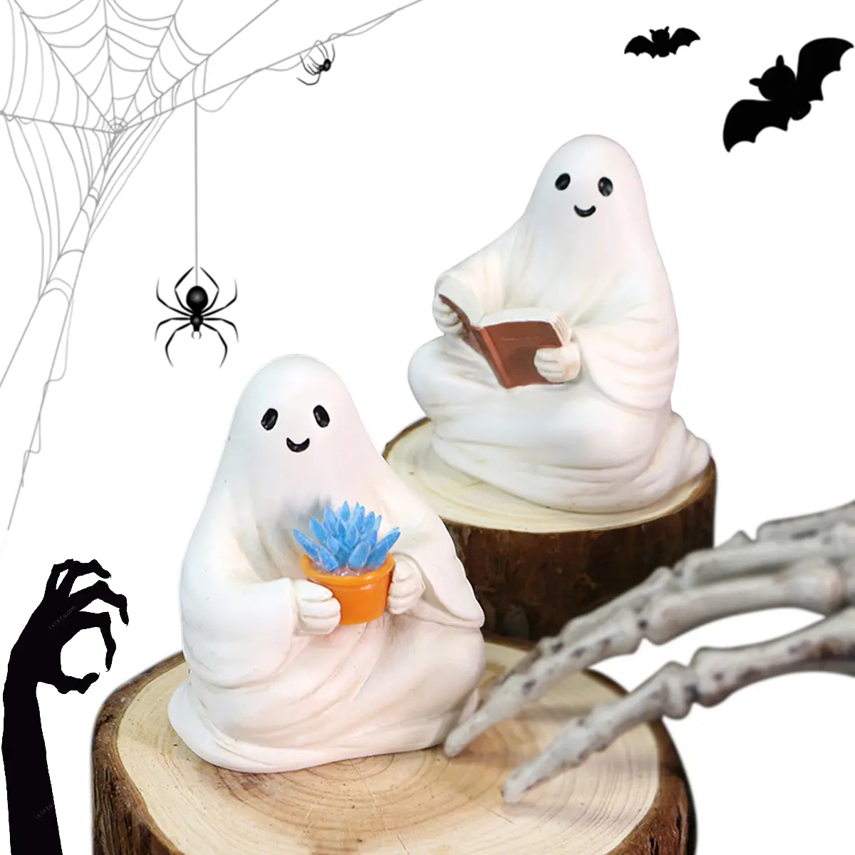 Funny Ghost Figurine Set Halloween Garden Decor Cute Mini Resin Ghost Statue Ornaments Gardening/Reading/See No Evil Unique Gift
