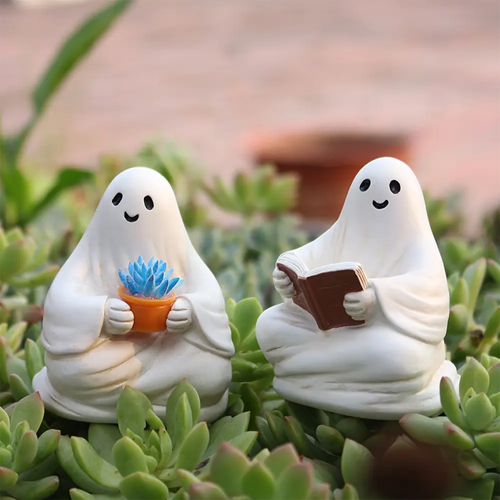 Funny Ghost Figurine Set Halloween Garden Decor Cute Mini Resin Ghost Statue Ornaments Gardening/Reading/See No Evil Unique Gift
