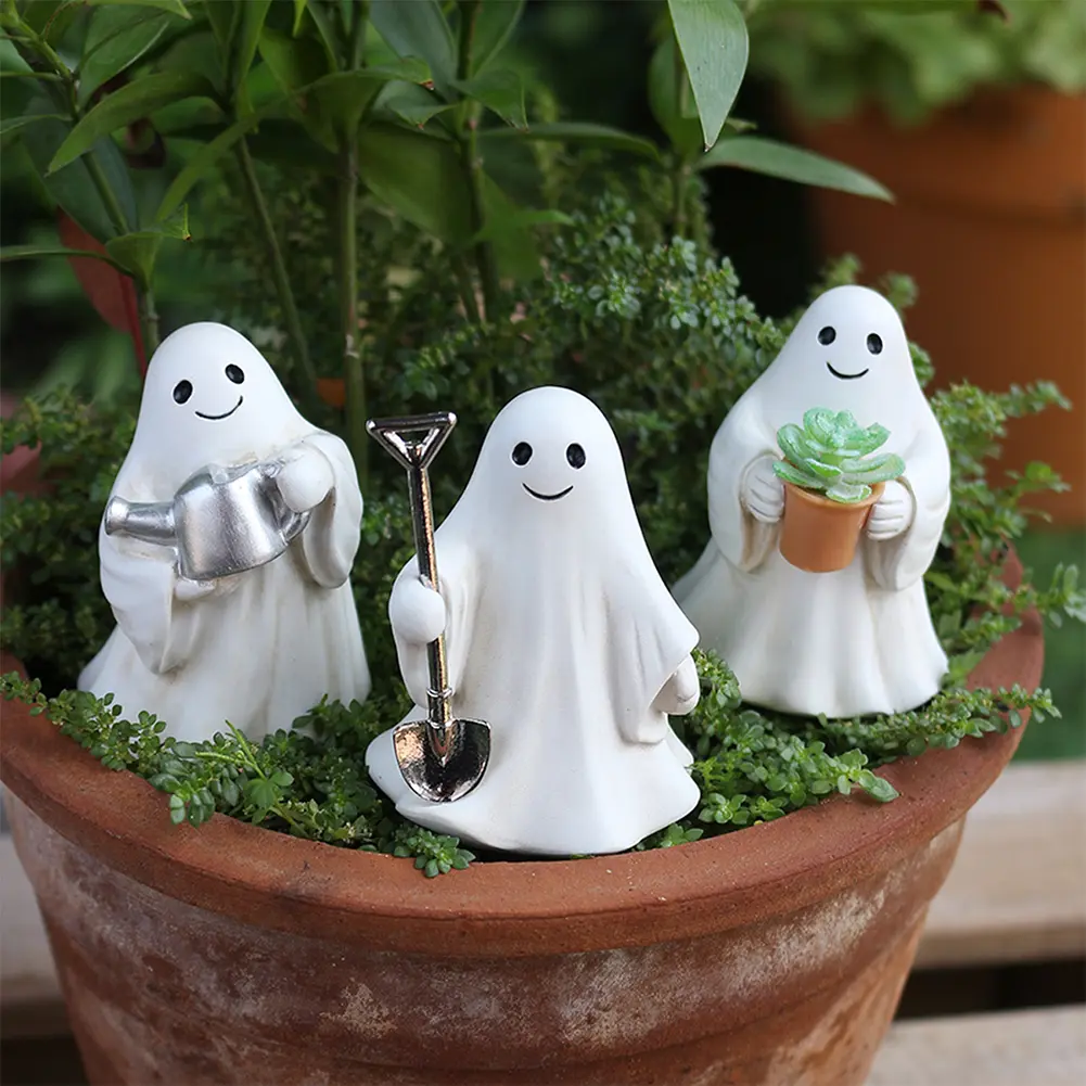 Funny Ghost Figurine Set Halloween Garden Decor Cute Mini Resin Ghost Statue Ornaments Gardening/Reading/See No Evil Unique Gift
