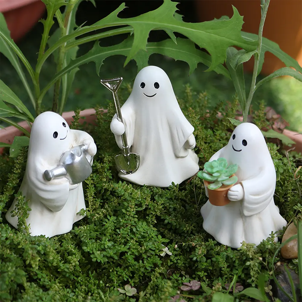 Funny Ghost Figurine Set Halloween Garden Decor Cute Mini Resin Ghost Statue Ornaments Gardening/Reading/See No Evil Unique Gift