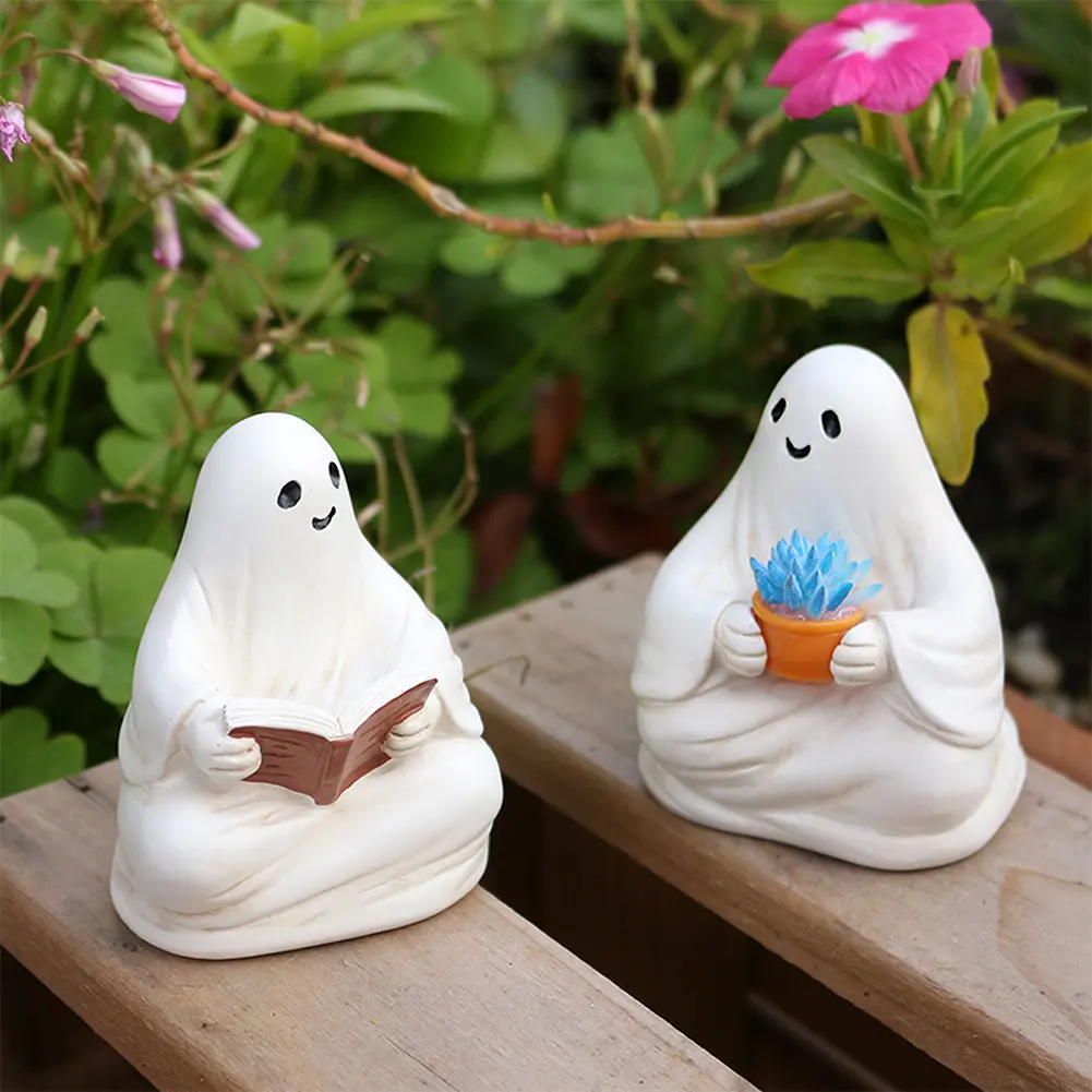 Funny Ghost Figurine Set Halloween Garden Decor Cute Mini Resin Ghost Statue Ornaments Gardening/Reading/See No Evil Unique Gift