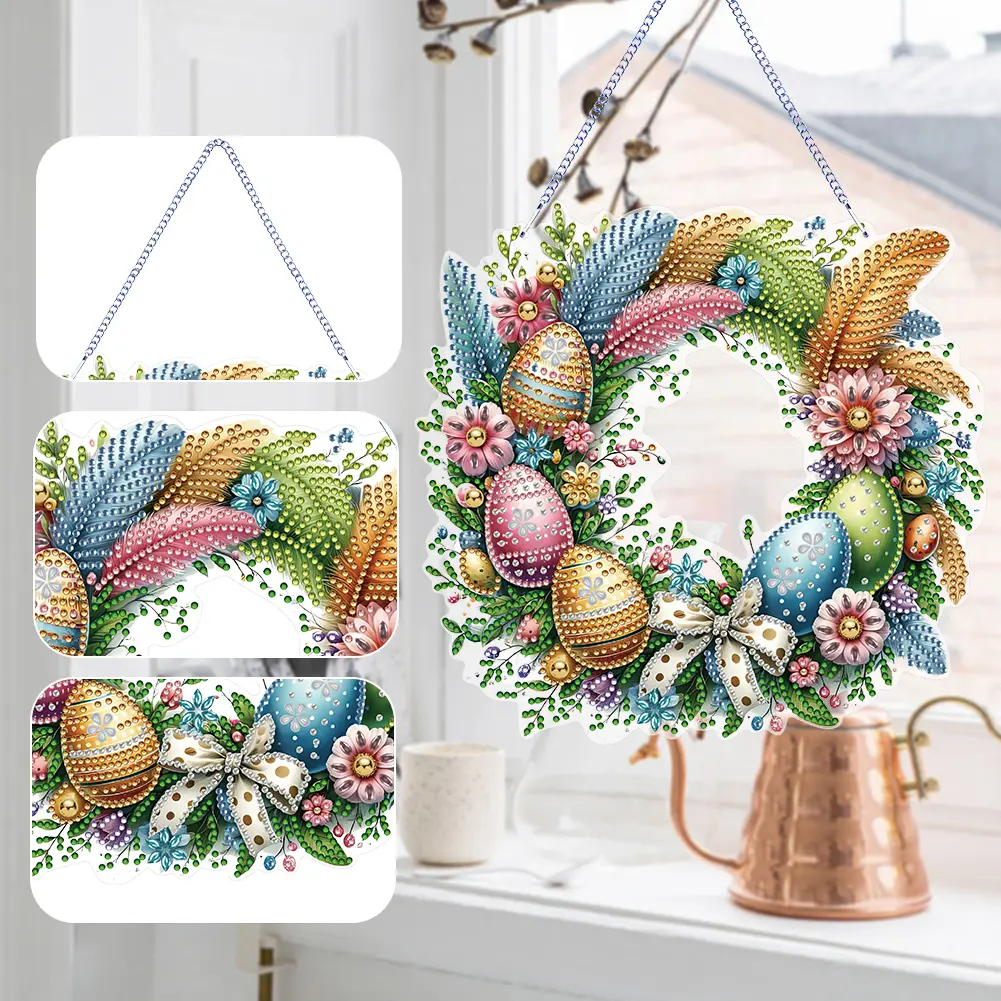 Single Sided Diamond Art Hanging Pendant Handmade Easter Wreath Rhinestone Diamond Art Window Pendants Chicken Rabbit Wall Decor