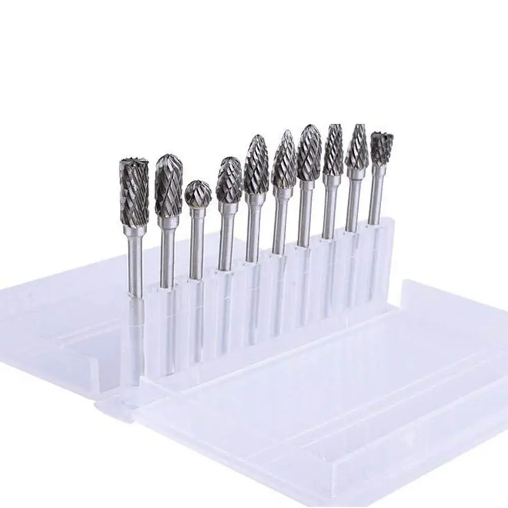 10Pcs Long Shank Carbide Rotary Burr File Double Cut Rotary Tool Rasp File for Metal Welds Carving Cutting Engraving Porting
