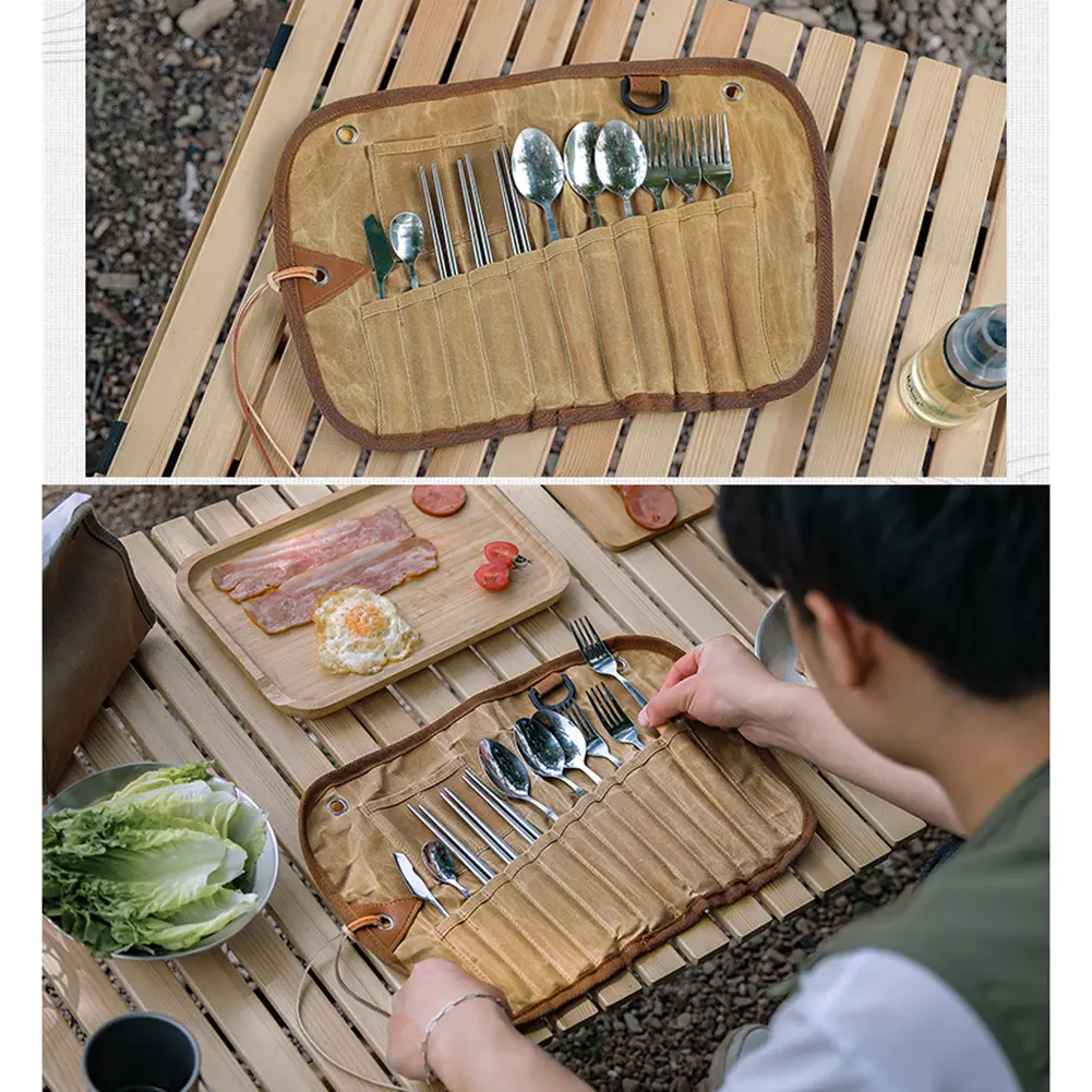 Classified Storage Tableware Roll Up Pouch Bag Space Saving for Travel Camping Hiking BBQ Spoon Chopsticks Fork Pouch