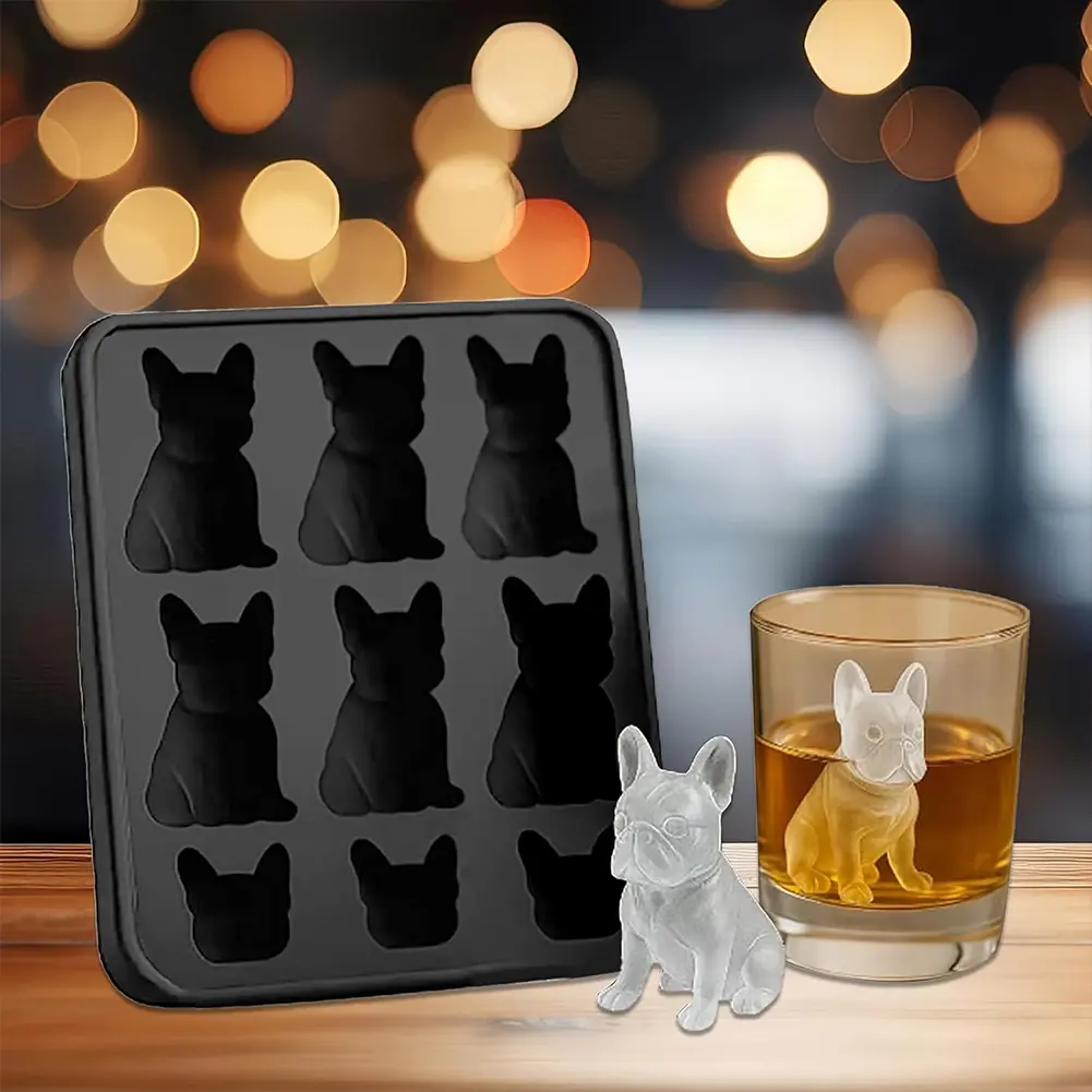 Tray Set French Bulldog Ice Cubes Mold Tray Silicone 3D Dog Shaped Ice Mold Maker 6-Cavity Whiskey Ice Molds Cute Novelty Gifts