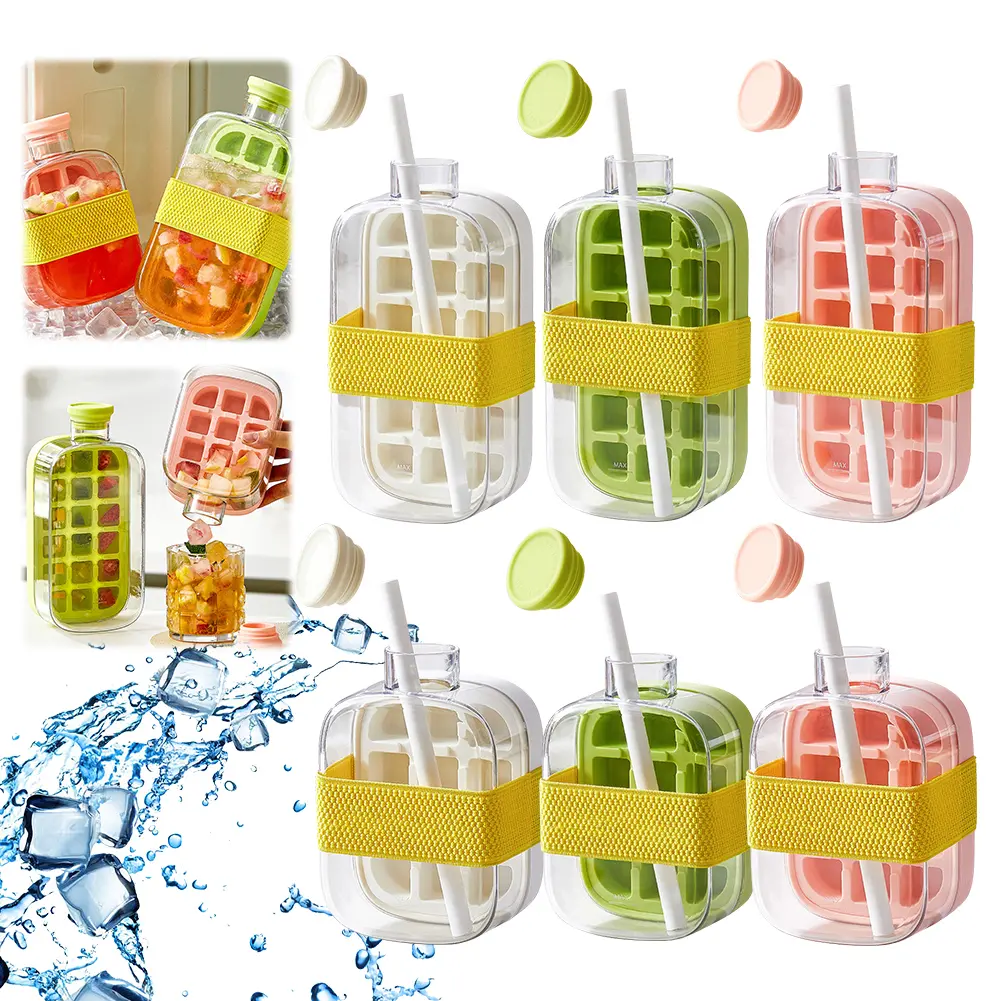 2 in 1 Ice Tray with Lid Ice Cubes Mold Silicone Ice Maker with Straw for Cocktail Coffee Whiskey Beer Juice