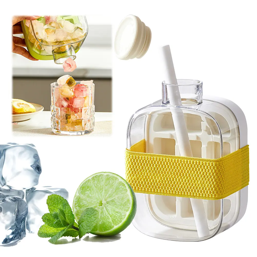 2 in 1 Ice Tray with Lid Ice Cubes Mold Silicone Ice Maker with Straw for Cocktail Coffee Whiskey Beer Juice