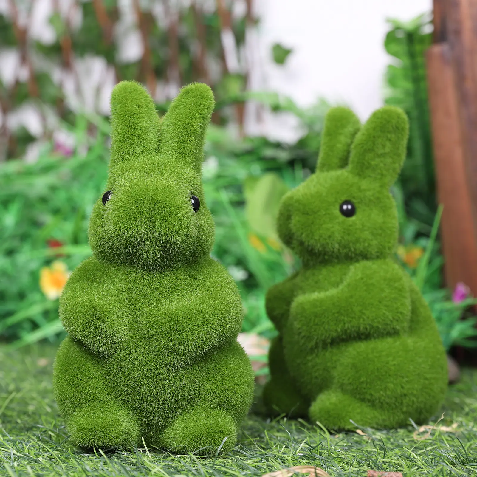 2Pcs Flocking Bunny Statue Artificial Moss Rabbit Figurine Decorative Fake Green Moss Rabbit Decoration for Patio Garden Yard