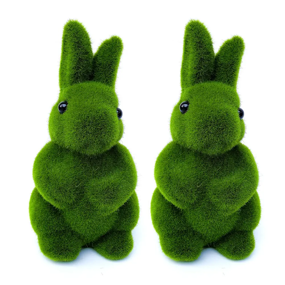 2Pcs Flocking Bunny Statue Artificial Moss Rabbit Figurine Decorative Fake Green Moss Rabbit Decoration for Patio Garden Yard