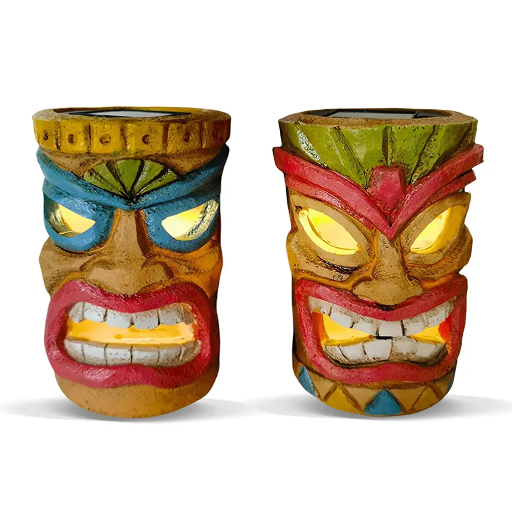 Tiki Head Garden Decor with Solar Outdoor Light Solar Powered Tiki Figurine Hawaiian Tiki Ornament Patio Pool Yard Summer Decor