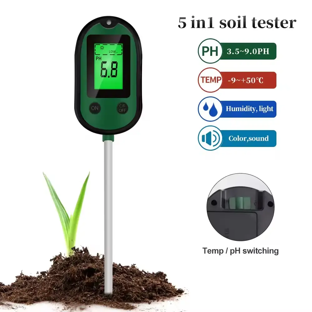 5 in 1 Soil PH Meter Sunlight Hygrometer LCD Digital Garden Plant Flowers Temp Monitor Sensor Environmental Humidity Test Tool