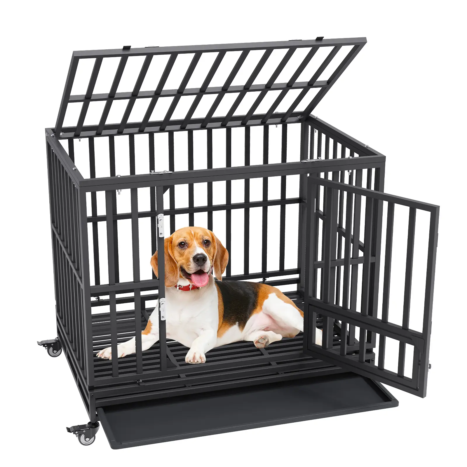 SucceBuy 3-Door Heavy Duty Dog Crate Kennel Cage with Lockable Wheels and Removable Tray for Indoor Outdoor Medium to Large Dog