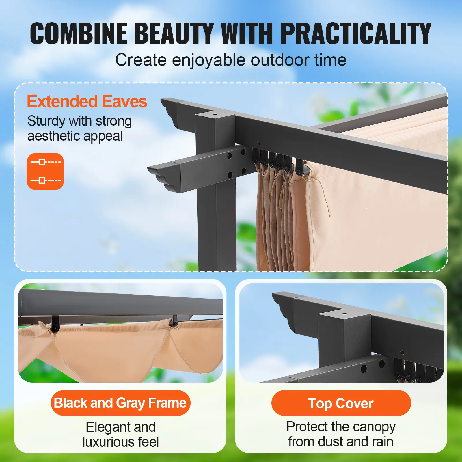 VEVOR 10'x10' Outdoor Retractable Pergola with Canopy Aluminum Pergola with Canopy Modern Pergola with Shade Canopy for Patios