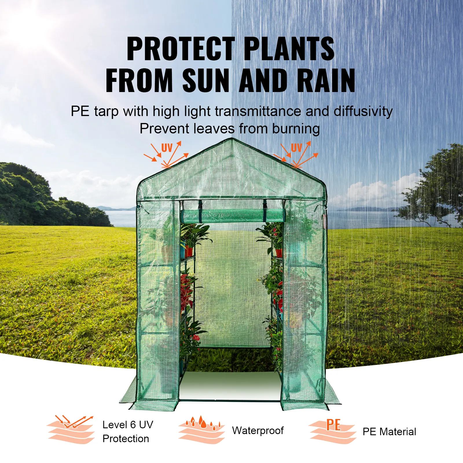 SucceBuy 4.6x4.6x6.6ft Walk-in Greenhouse with Shelves High Strength PE Cover with Zipper Door Suitable for Planting and Storage