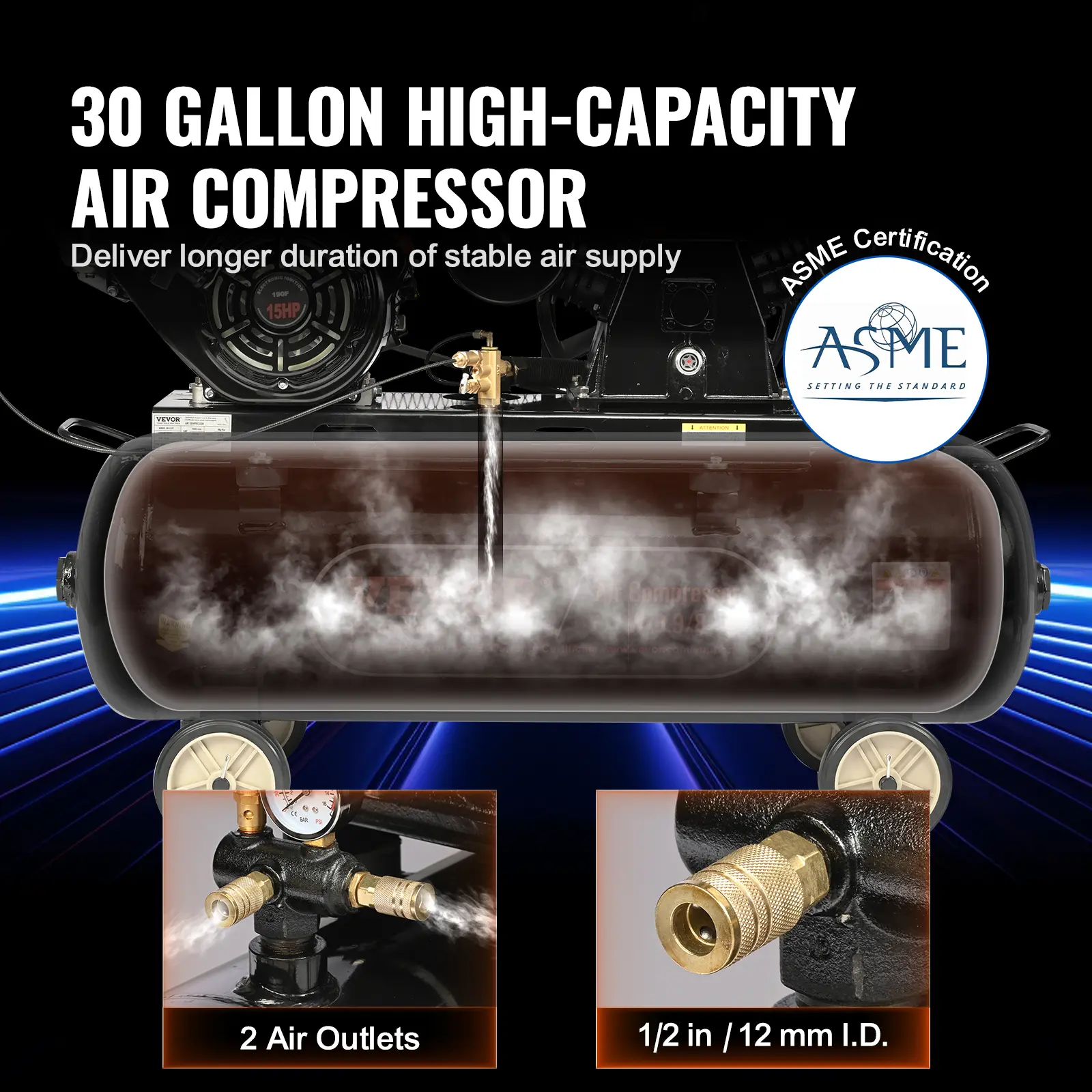 SucceBuy 7HP/15HP Gas Power Air Compressor 10/20/30 Gallon Air Compressor Tank 115PSI Max Pressure for Construction Workshop