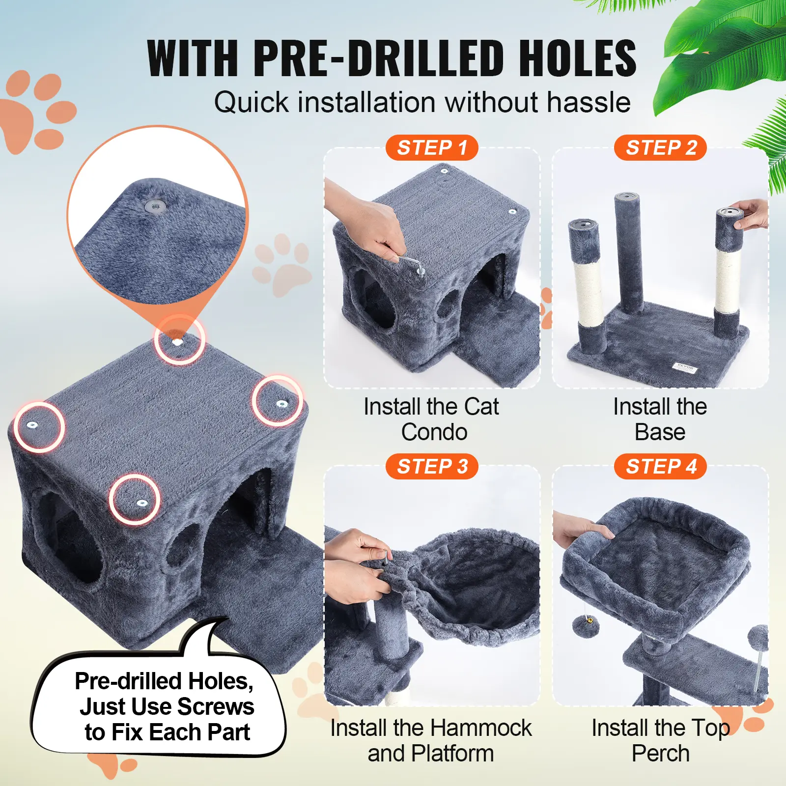 SucceBuy Cat Tree for Indoor Cats Cat Tower with Cat Condo Sisal Scratching Post HammockTop Perch Jumping Platforms Dark Grey
