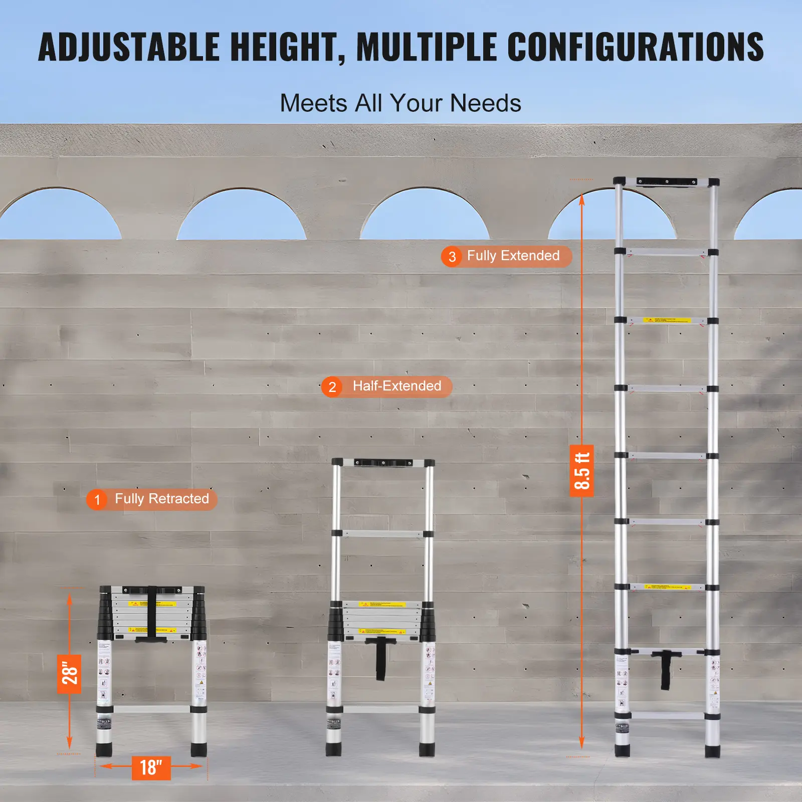 SucceBuy Telescoping Ladder 8.5/16.5/ 20.3FT Aluminum One-button Retraction Collapsible Ladder Portable Ladders for Home RV Loft