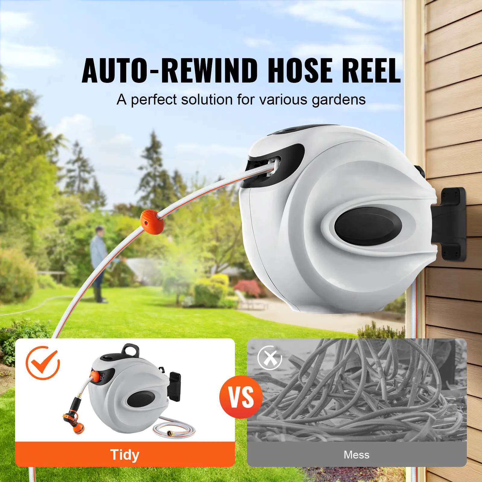 SucceBuy Retractable Hose Reel 180° Swivel Bracket Wall-Mounted Garden Water Hose Reel with 9-Pattern Nozzle Automatic Rewind