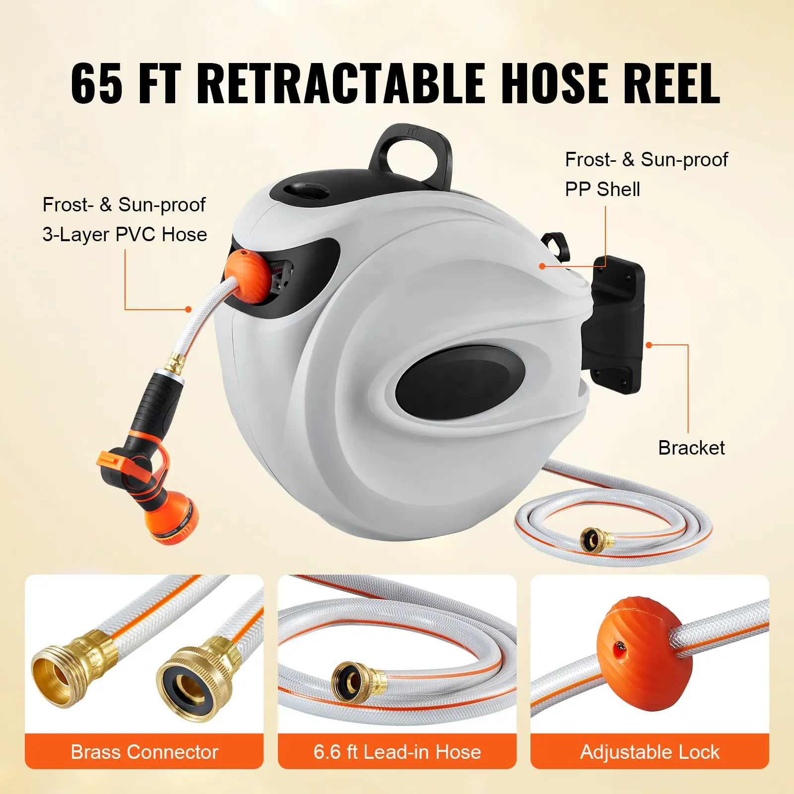 SucceBuy Retractable Hose Reel 180° Swivel Bracket Wall-Mounted Garden Water Hose Reel with 9-Pattern Nozzle Automatic Rewind