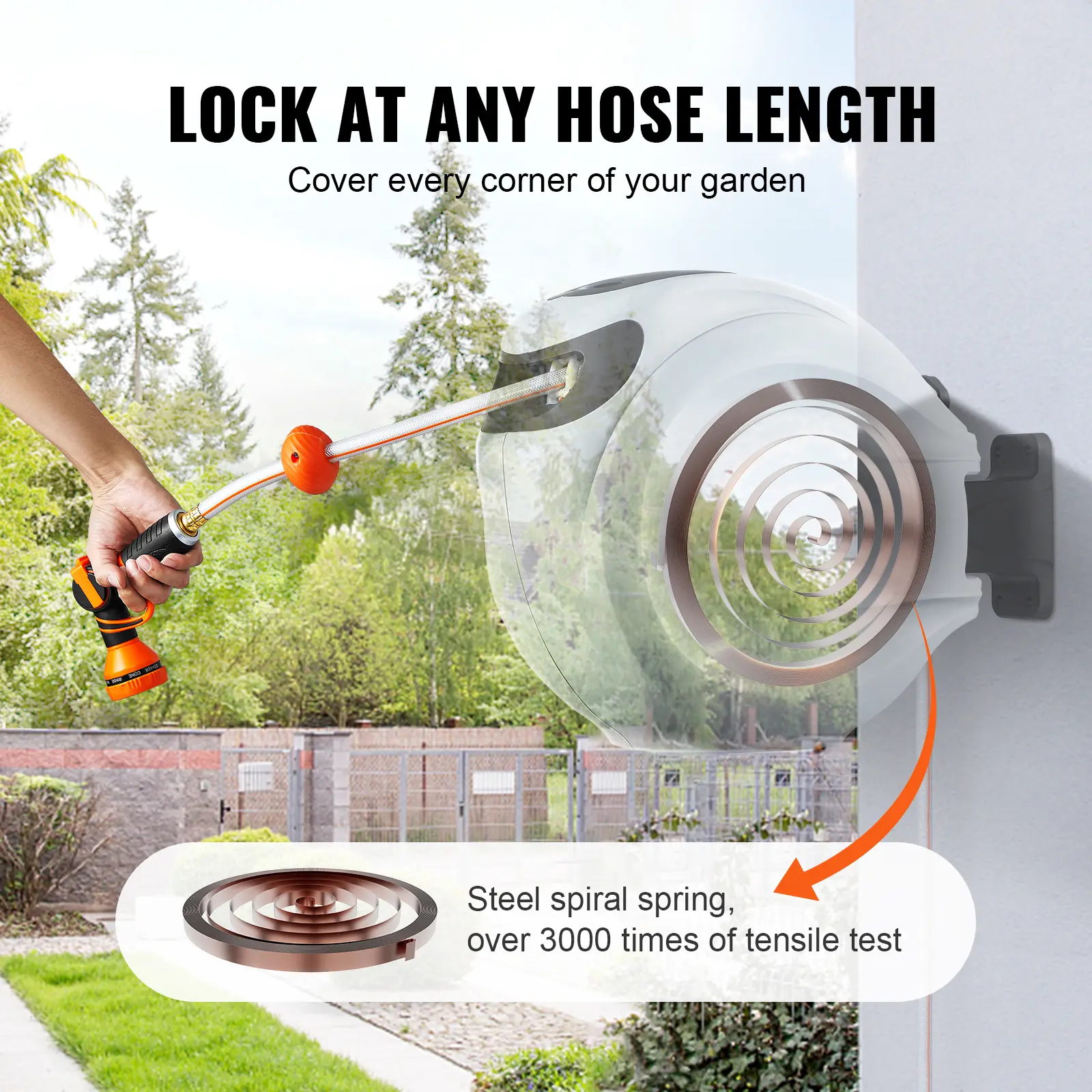 SucceBuy Retractable Hose Reel 180° Swivel Bracket Wall-Mounted Garden Water Hose Reel with 9-Pattern Nozzle Automatic Rewind