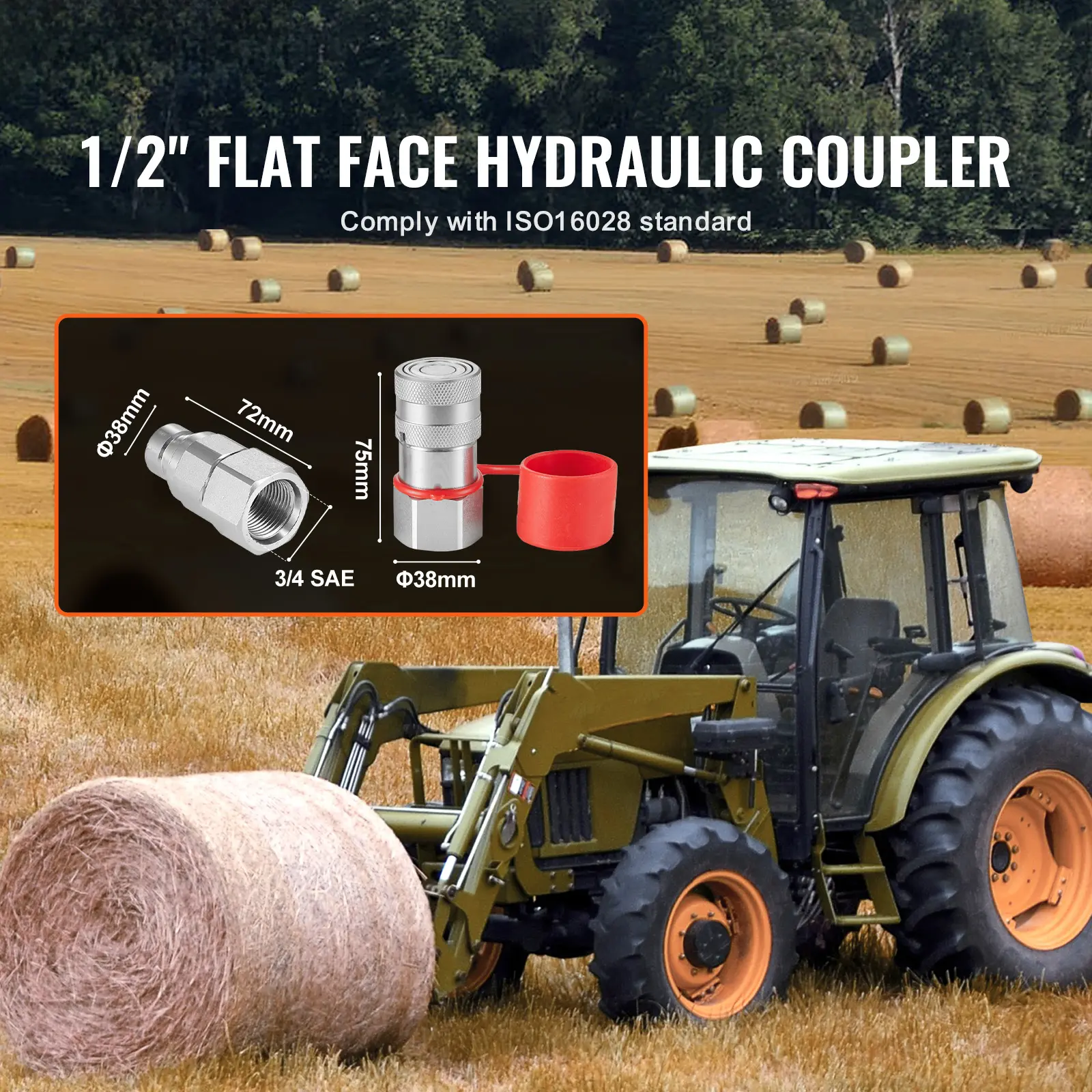 SucceBuy 1/2" Flat Face Hydraulic Couplers 1/2" NPT Skid Steer Hydraulic Quick Connect Couplers with 2 Dust Caps, Seal Dust Caps