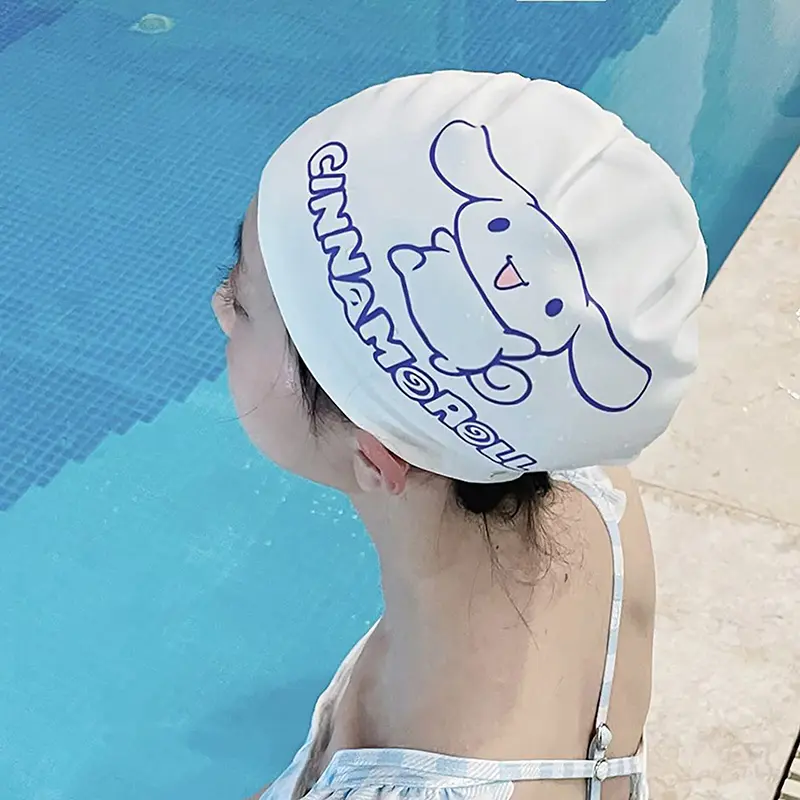 Sanrio Hello Kitty Swim Cap Kawaii Kuromi Cinnamoroll Diving Flexible Waterproof Protection Ear Silicone Girl Gift
