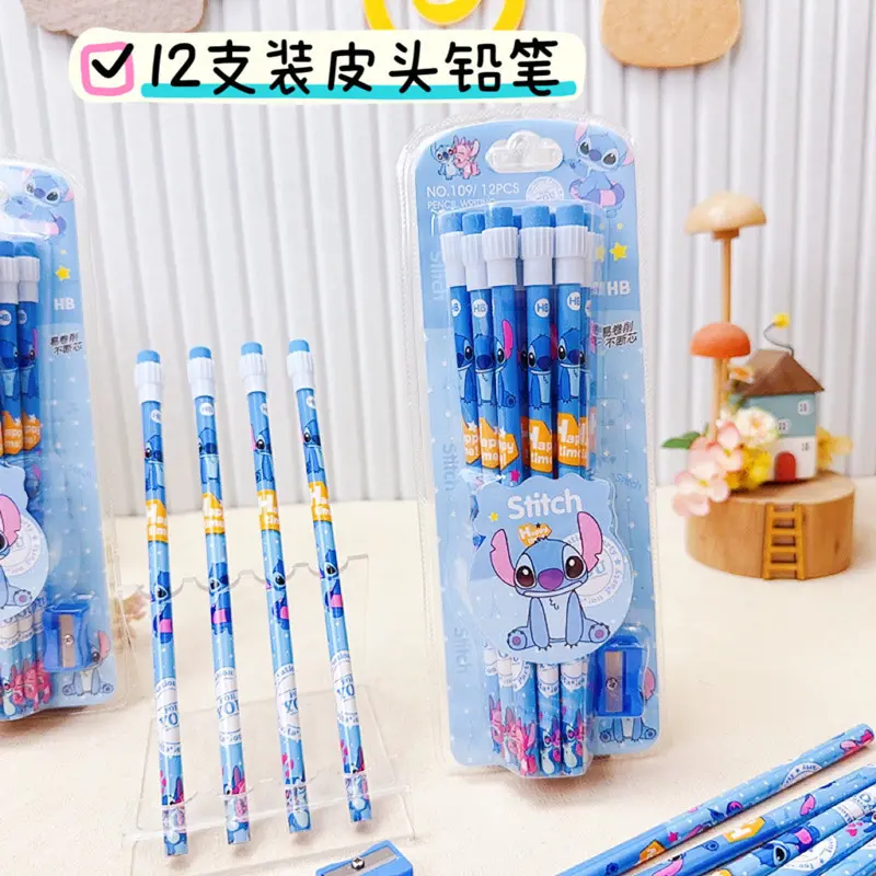 Stitch Pencils with Sharpener Kids New Disney Anime School Supplies Student Writing Stationery Children Birthday Gift Hot Sales