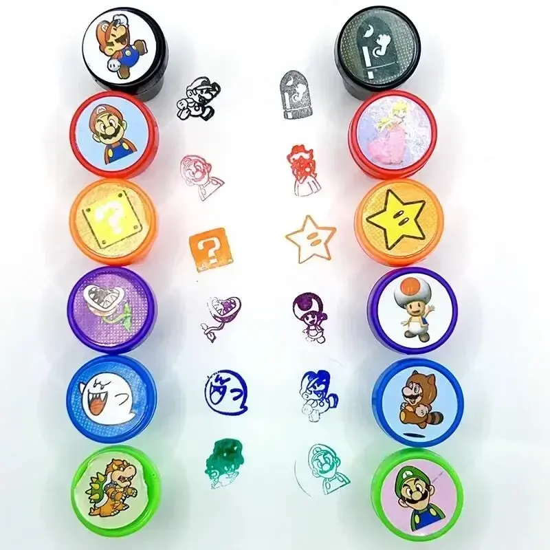 12pcs Super Marios Bros Cartoon Toy Signet Anime Pattern Seal Stamper Painting Photo Album Decoration Birthday Gift